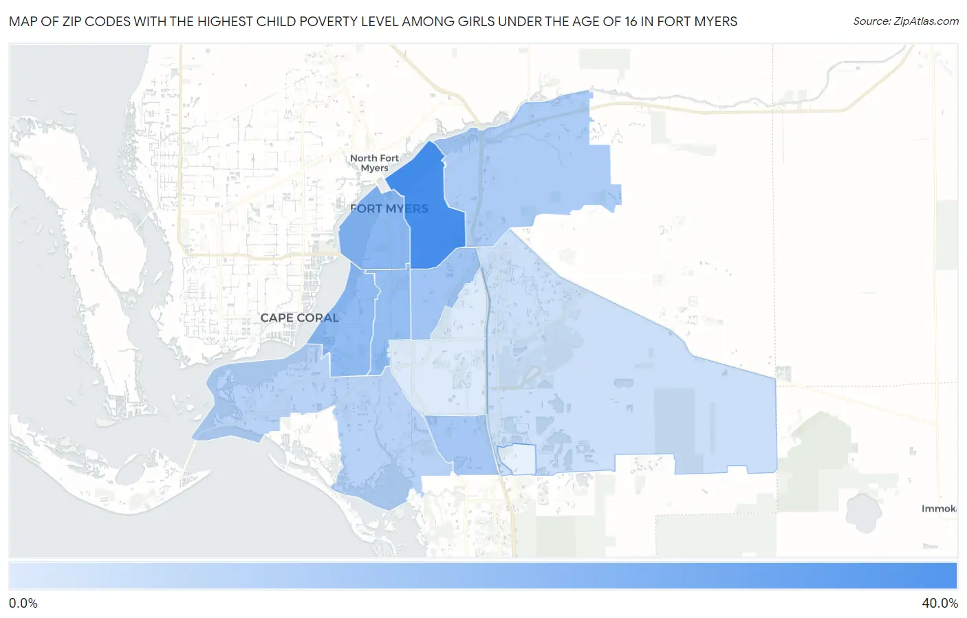 Zip Codes with the Highest Child Poverty Level Among Girls Under the Age of 16 in Fort Myers Map