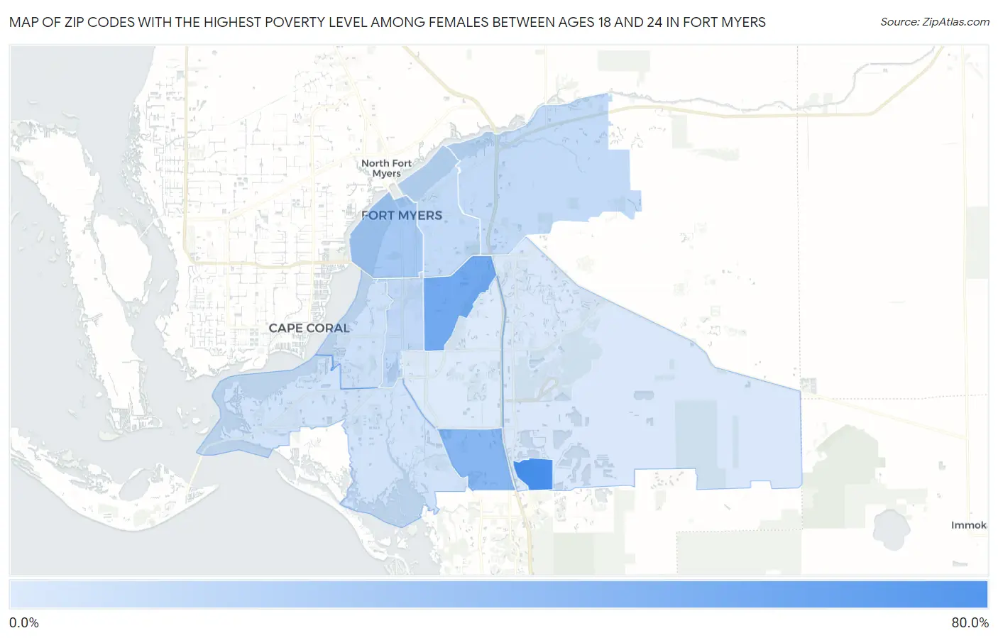 Zip Codes with the Highest Poverty Level Among Females Between Ages 18 and 24 in Fort Myers Map