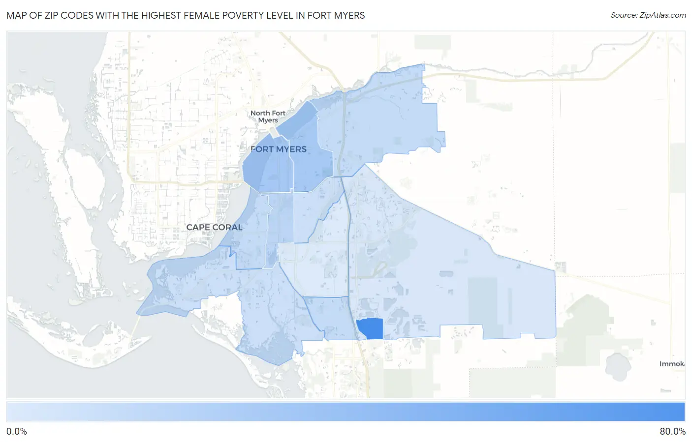 Zip Codes with the Highest Female Poverty Level in Fort Myers Map