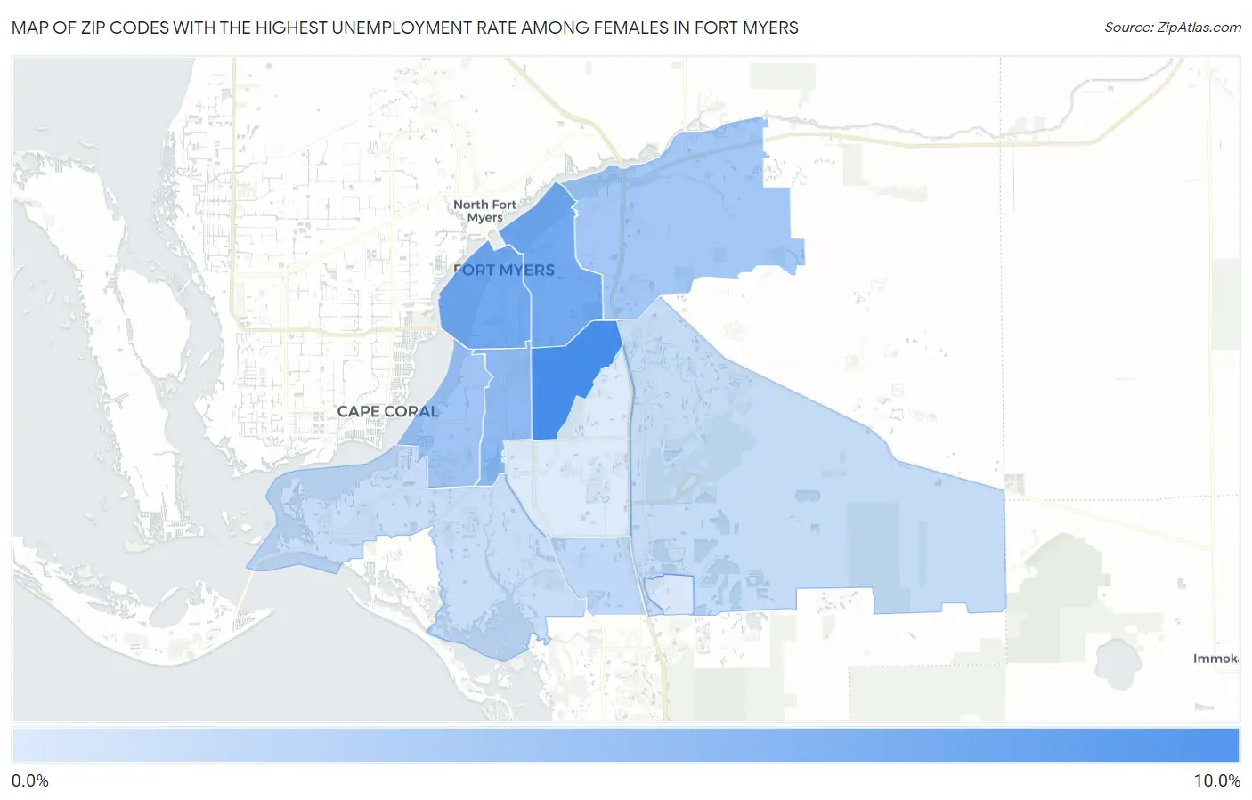 Zip Codes with the Highest Unemployment Rate Among Females in Fort Myers Map