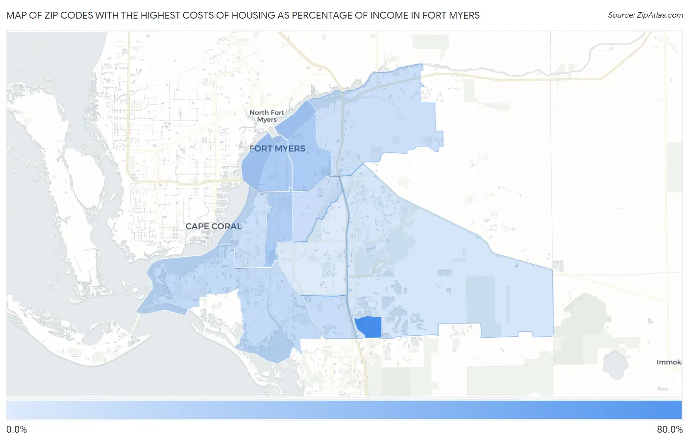 Zip Codes with the Highest Costs of Housing as Percentage of Income in Fort Myers Map
