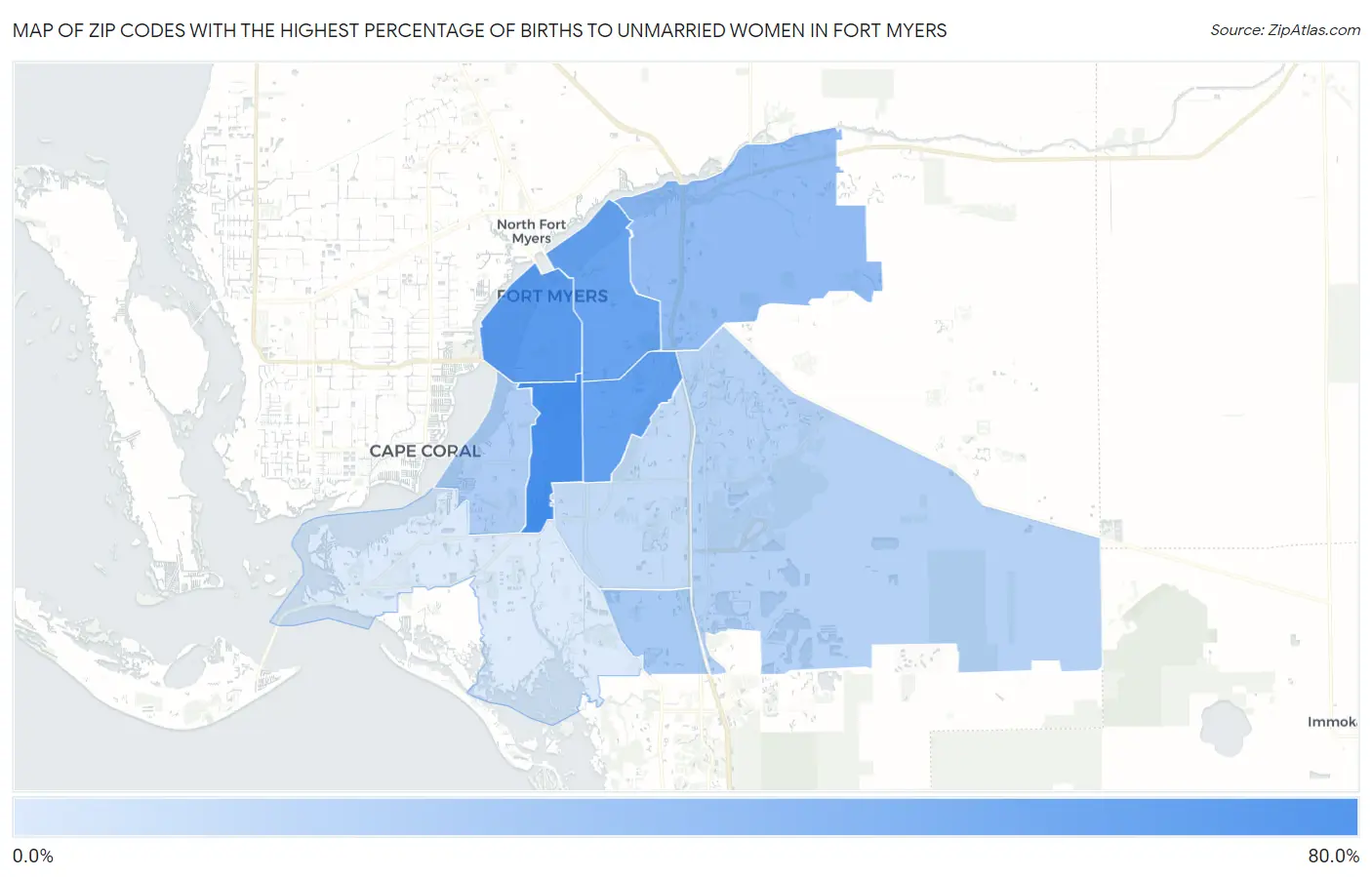 Zip Codes with the Highest Percentage of Births to Unmarried Women in Fort Myers Map
