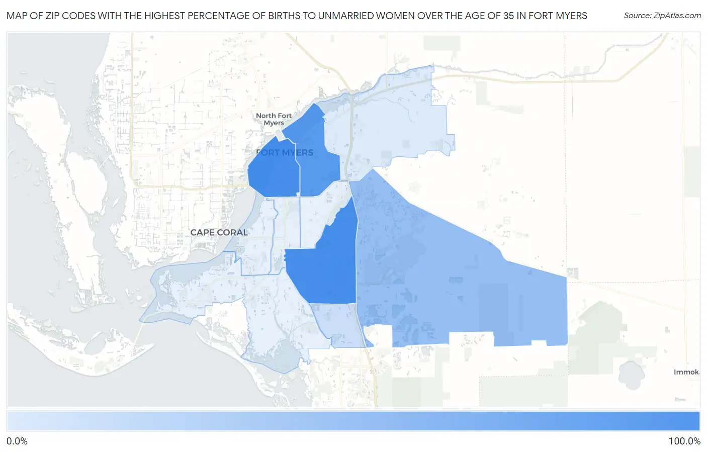 Zip Codes with the Highest Percentage of Births to Unmarried Women over the Age of 35 in Fort Myers Map