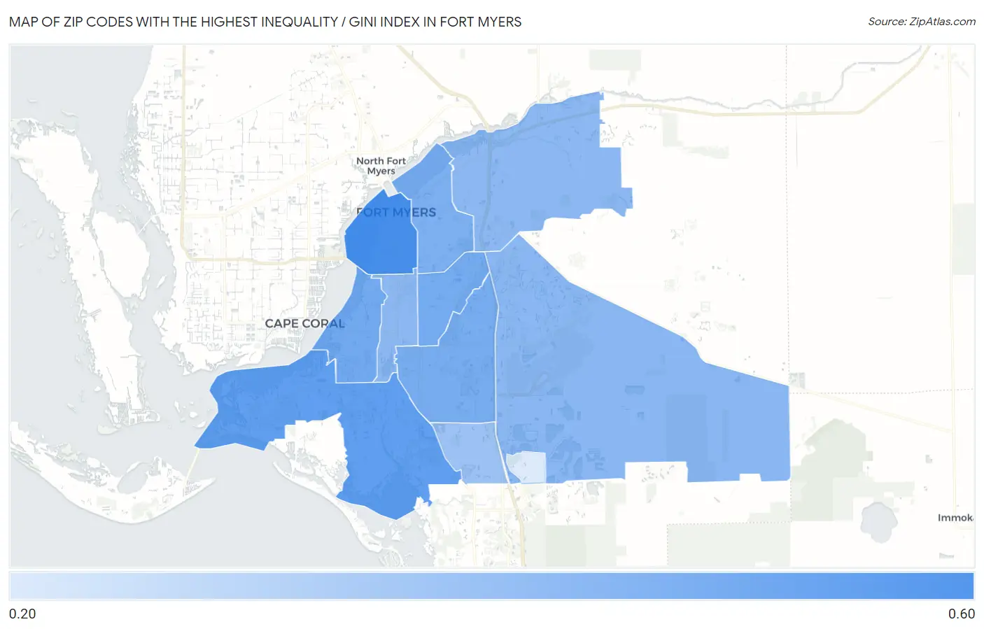 Zip Codes with the Highest Inequality / Gini Index in Fort Myers Map