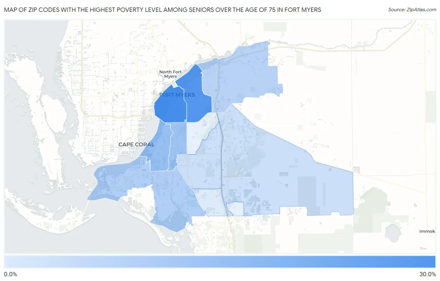 Zip Codes with the Highest Poverty Level Among Seniors Over the Age of 75 in Fort Myers Map