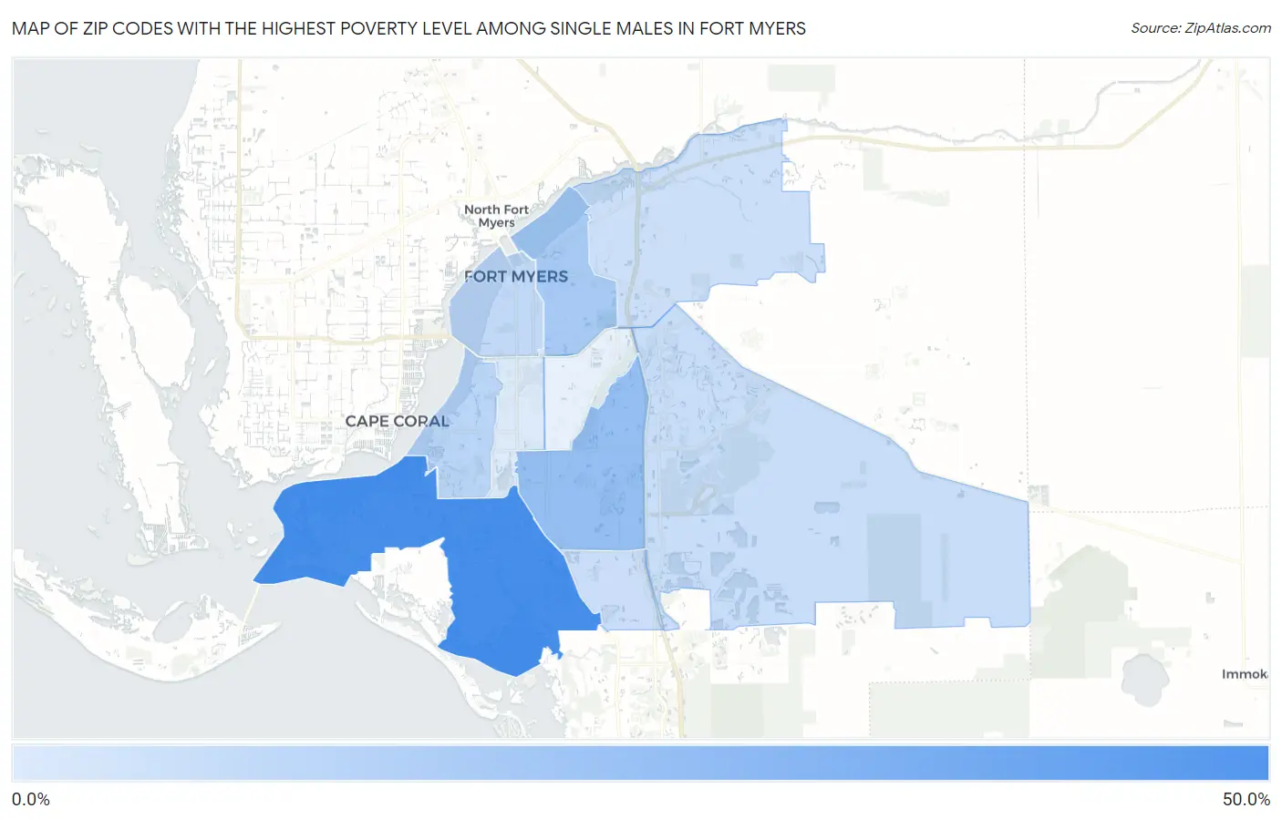 Zip Codes with the Highest Poverty Level Among Single Males in Fort Myers Map