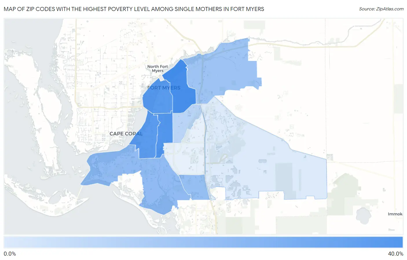 Zip Codes with the Highest Poverty Level Among Single Mothers in Fort Myers Map
