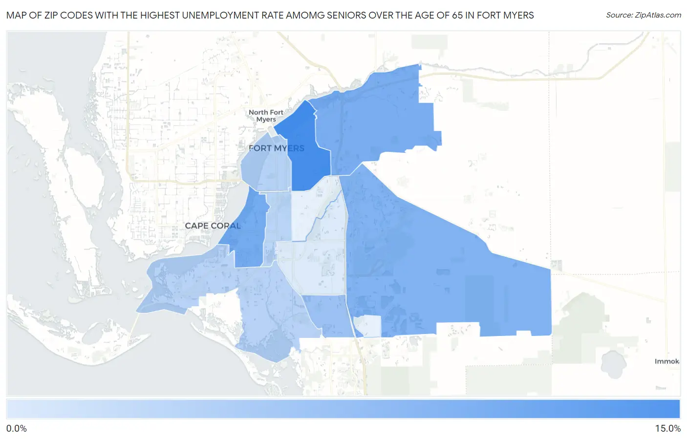 Zip Codes with the Highest Unemployment Rate Amomg Seniors Over the Age of 65 in Fort Myers Map
