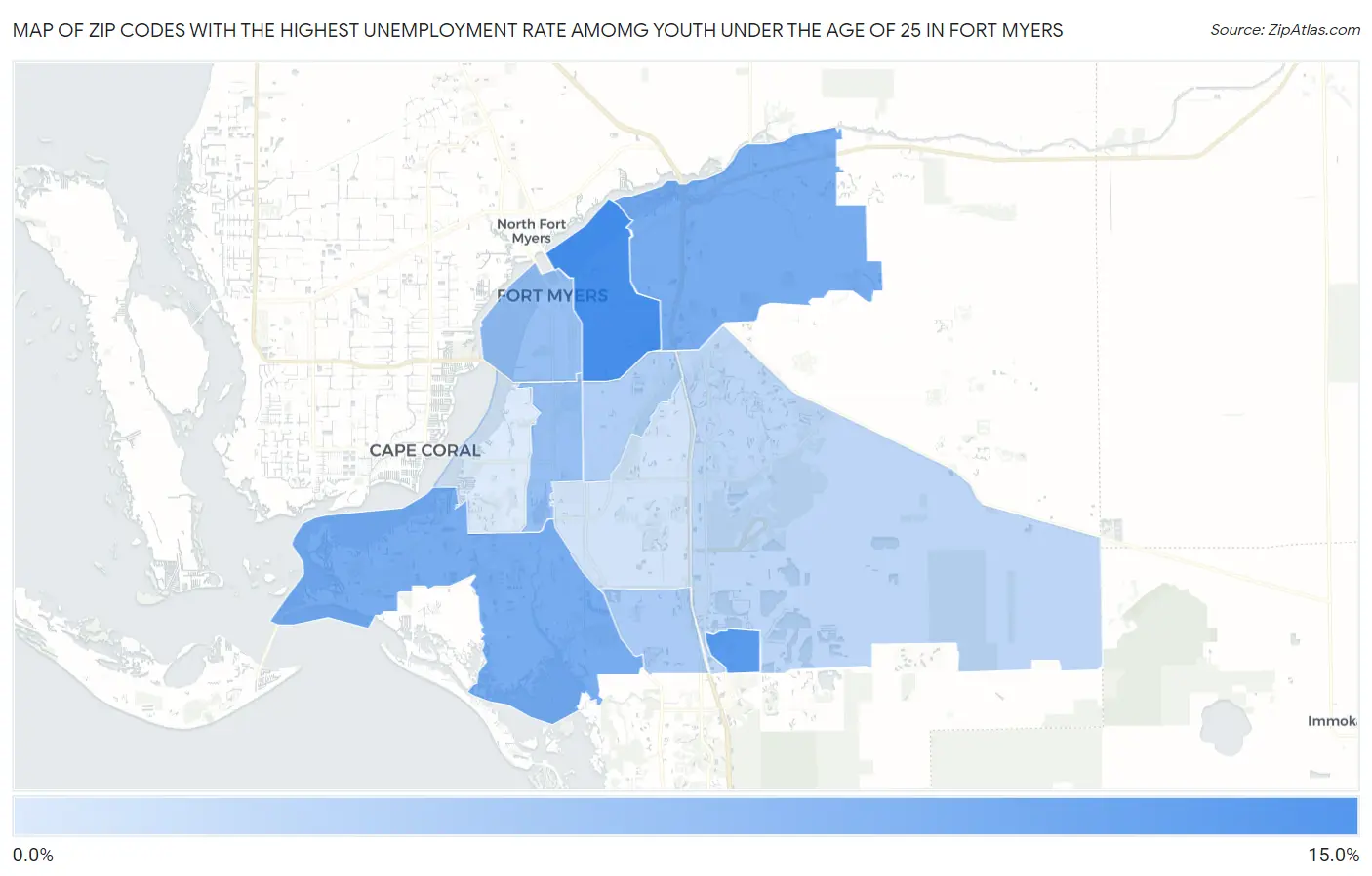 Zip Codes with the Highest Unemployment Rate Amomg Youth Under the Age of 25 in Fort Myers Map