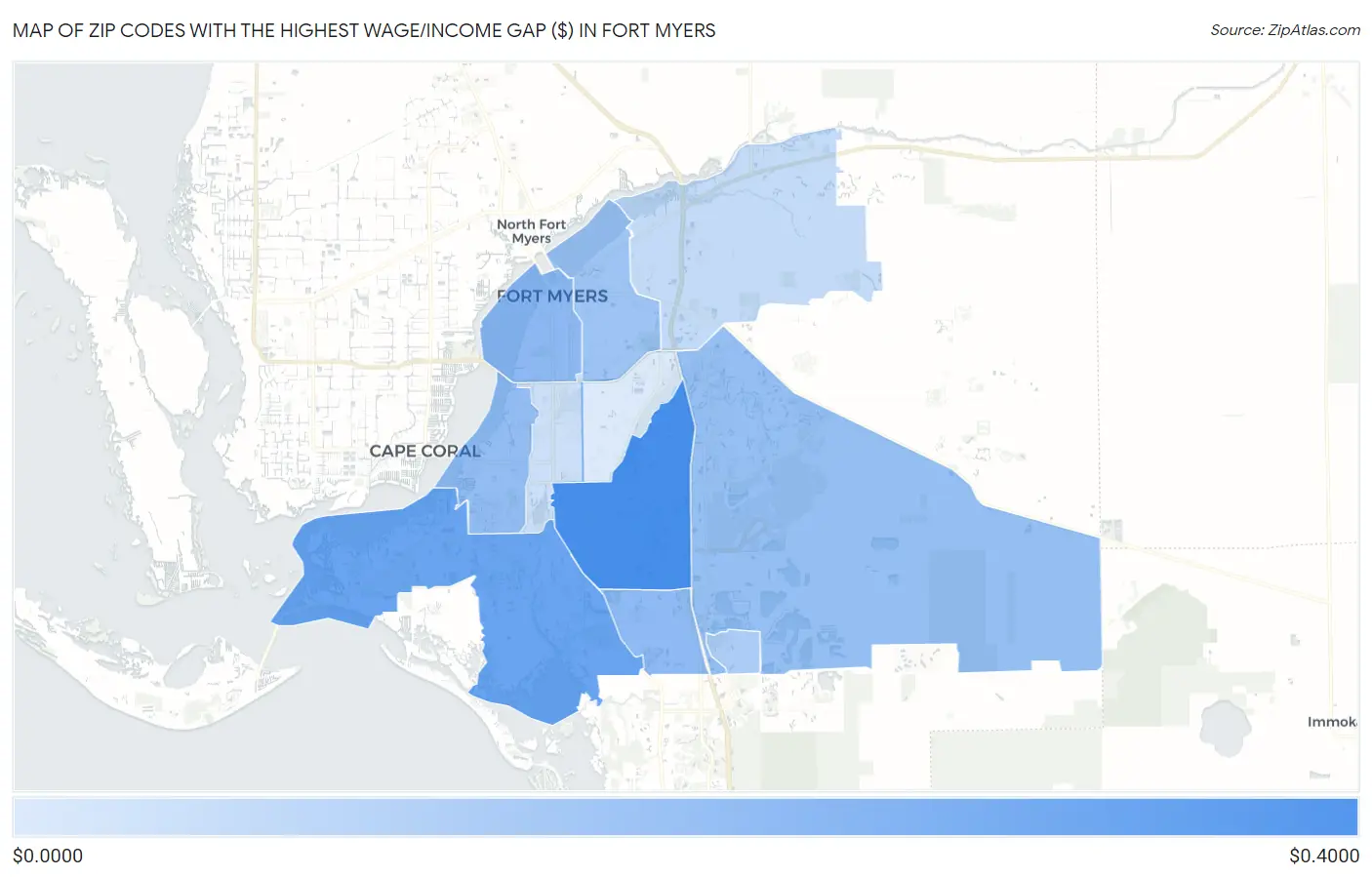 Zip Codes with the Highest Wage/Income Gap ($) in Fort Myers Map
