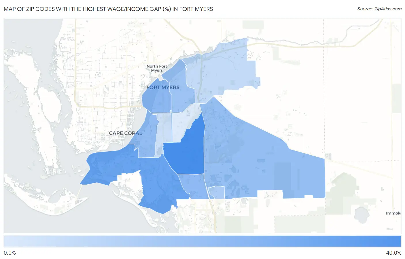 Zip Codes with the Highest Wage/Income Gap (%) in Fort Myers Map