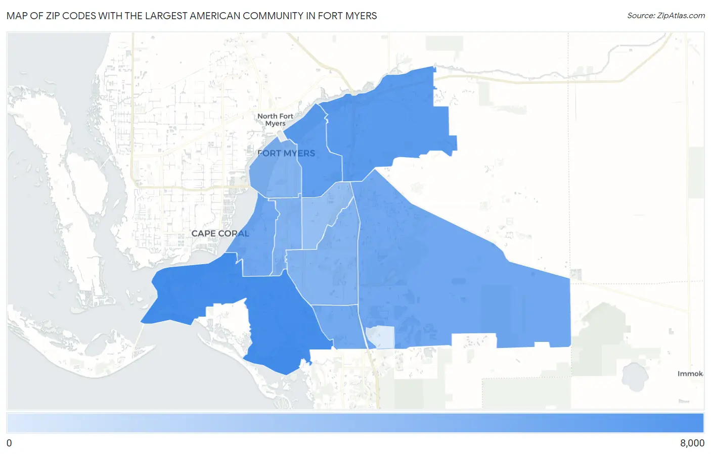 Zip Codes with the Largest American Community in Fort Myers Map