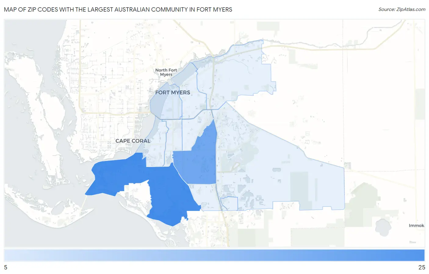 Zip Codes with the Largest Australian Community in Fort Myers Map