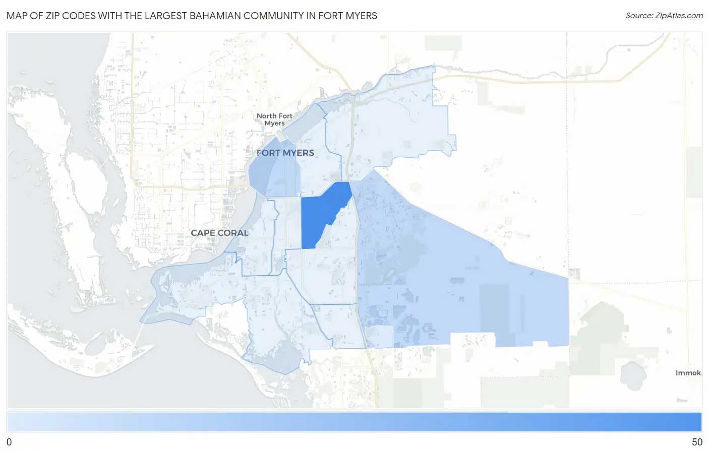 Zip Codes with the Largest Bahamian Community in Fort Myers Map