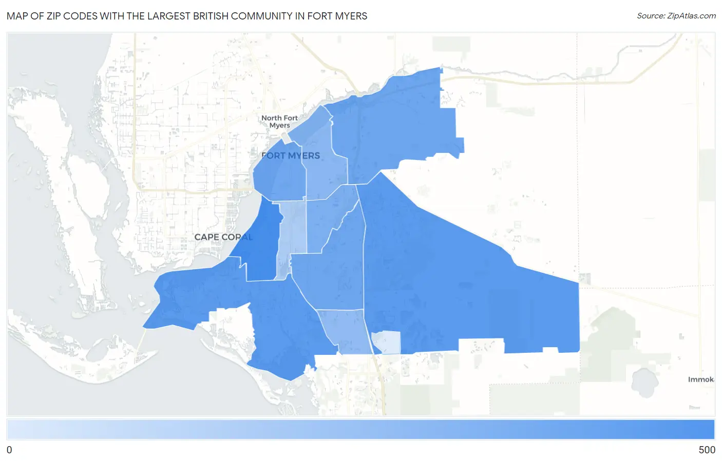 Zip Codes with the Largest British Community in Fort Myers Map