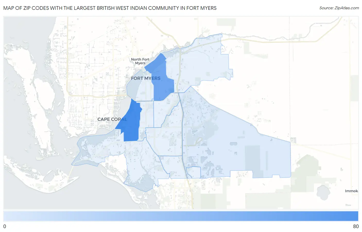Zip Codes with the Largest British West Indian Community in Fort Myers Map