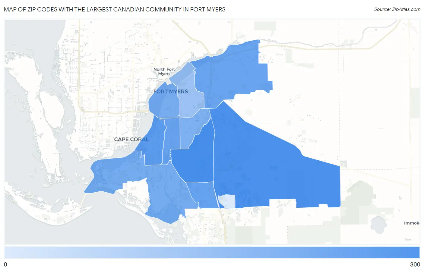Zip Codes with the Largest Canadian Community in Fort Myers Map