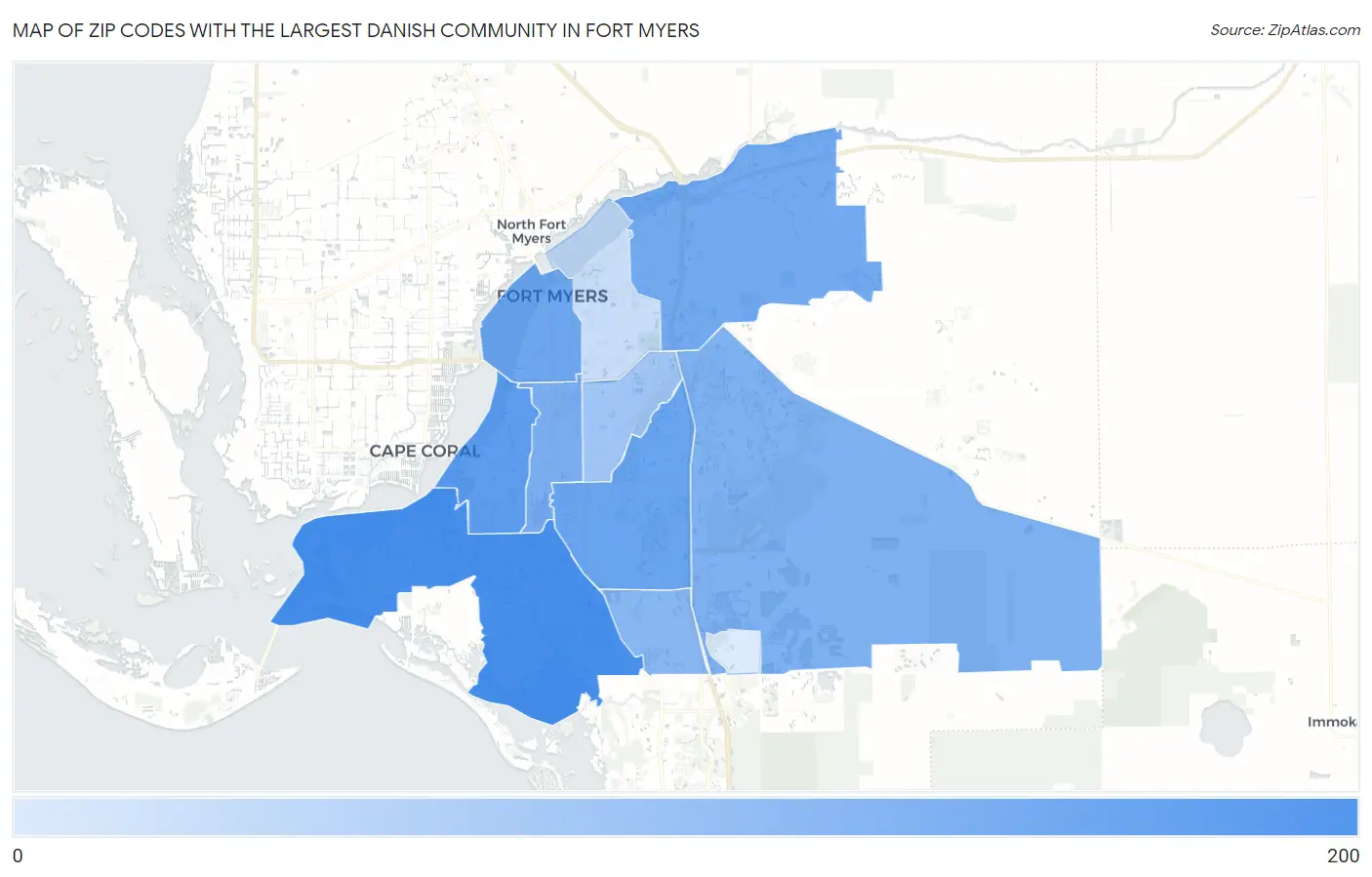 Zip Codes with the Largest Danish Community in Fort Myers Map