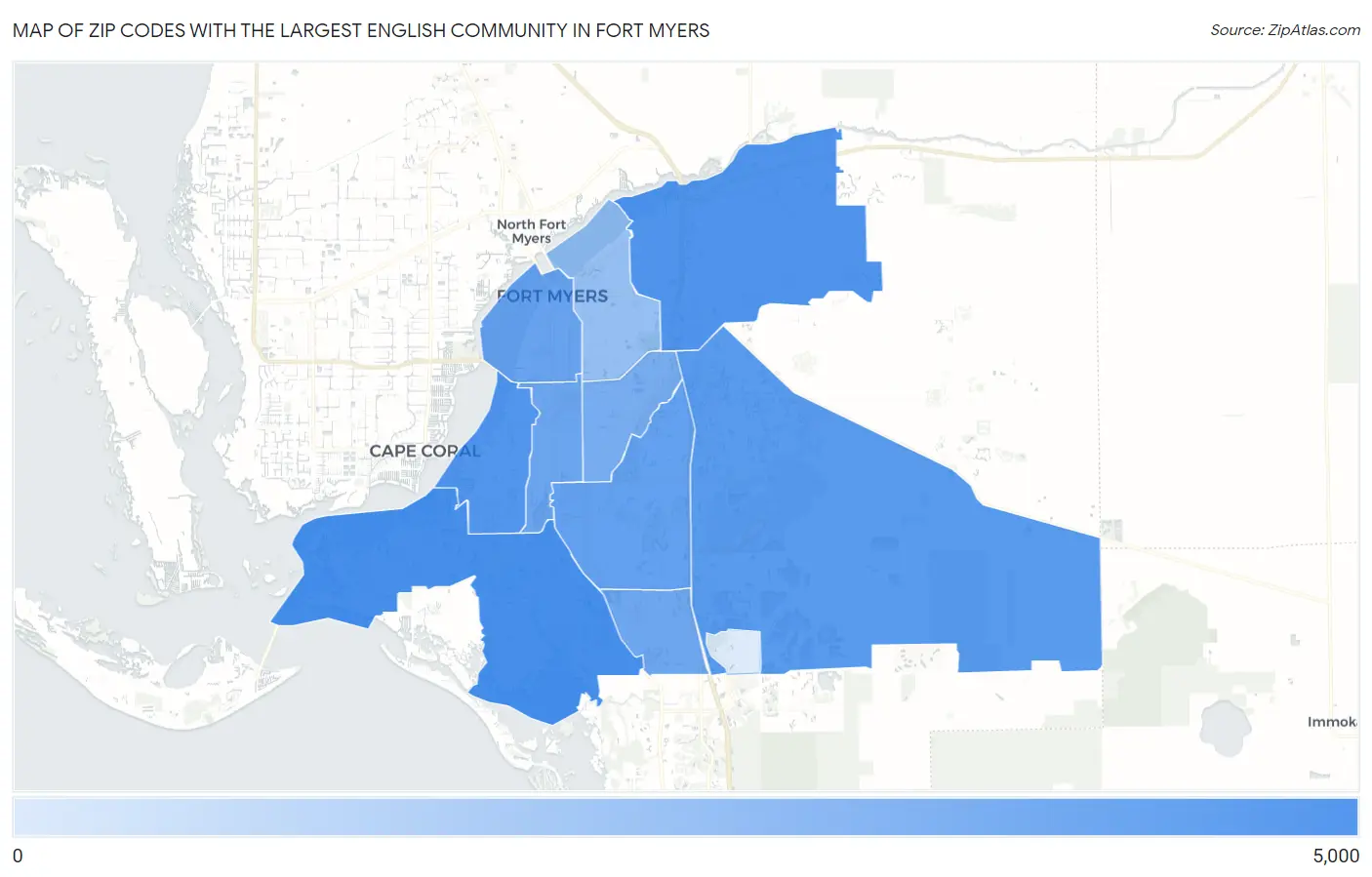 Zip Codes with the Largest English Community in Fort Myers Map