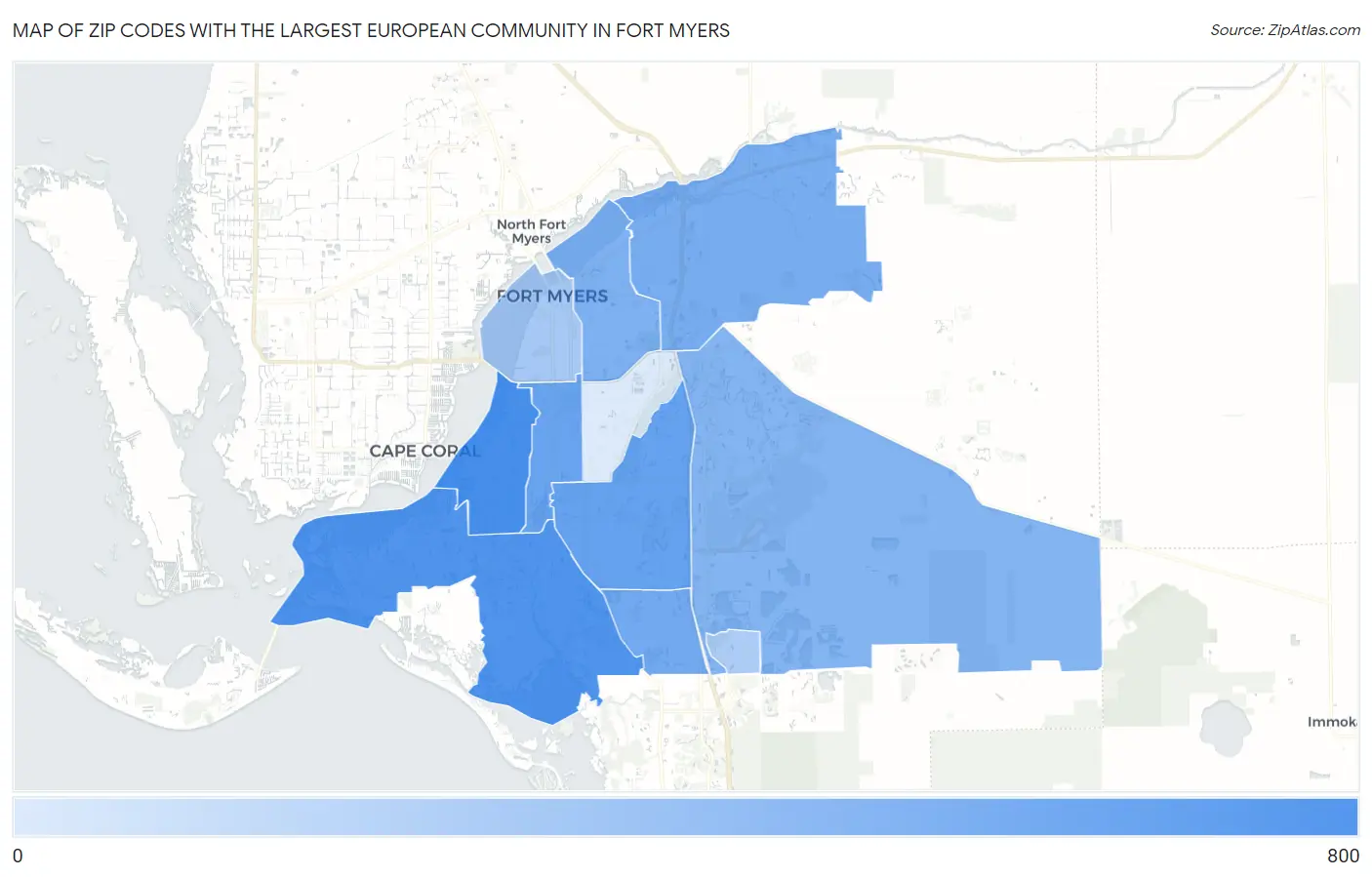 Zip Codes with the Largest European Community in Fort Myers Map