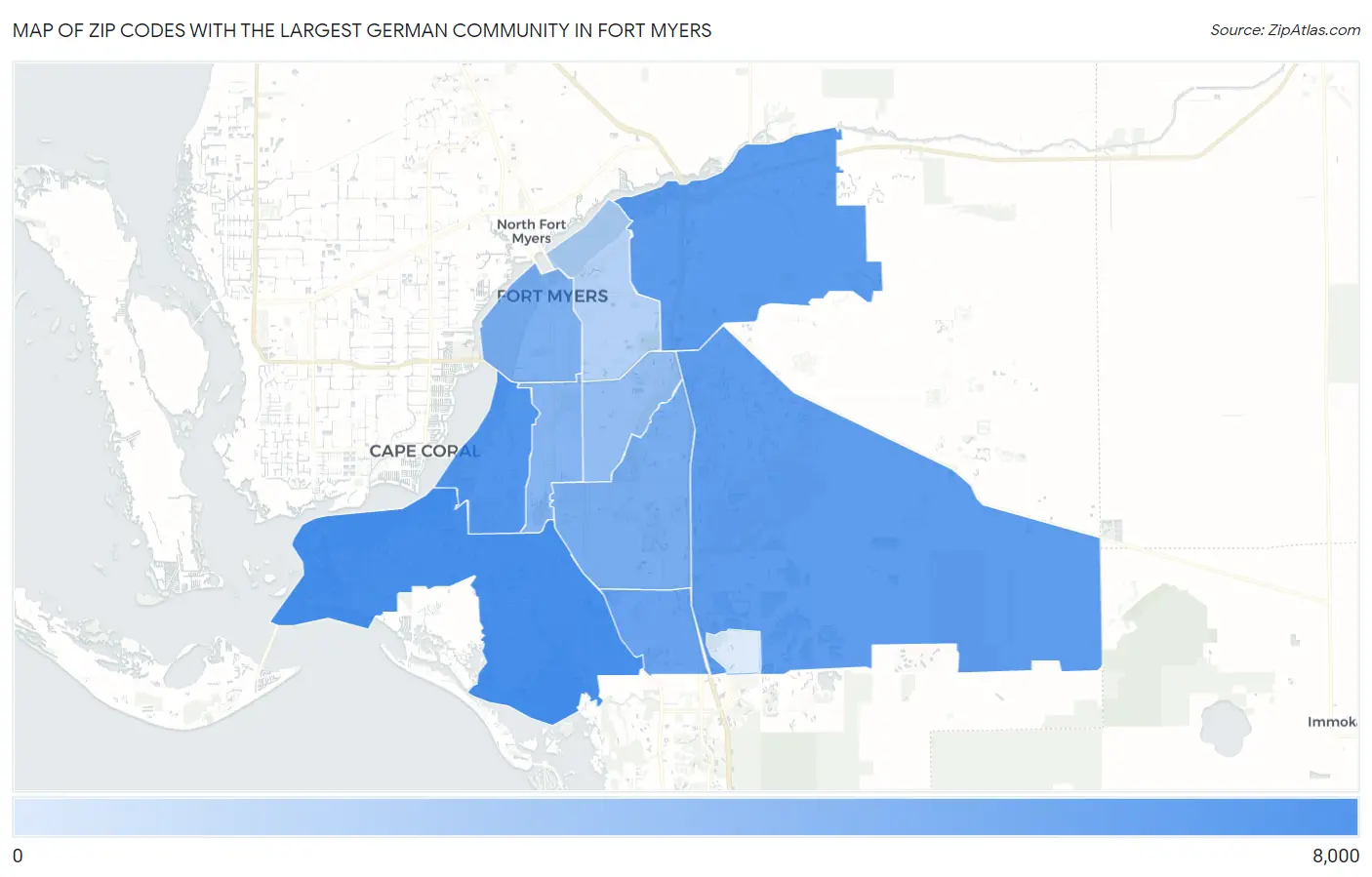 Zip Codes with the Largest German Community in Fort Myers Map