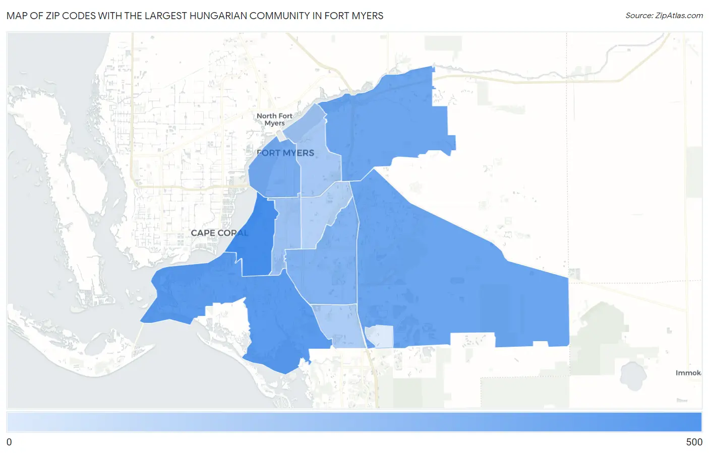 Zip Codes with the Largest Hungarian Community in Fort Myers Map