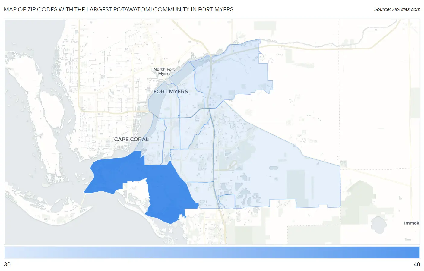 Zip Codes with the Largest Potawatomi Community in Fort Myers Map