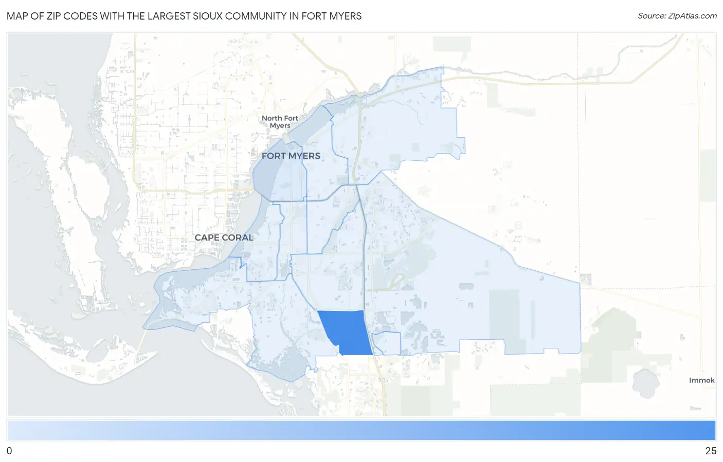 Zip Codes with the Largest Sioux Community in Fort Myers Map