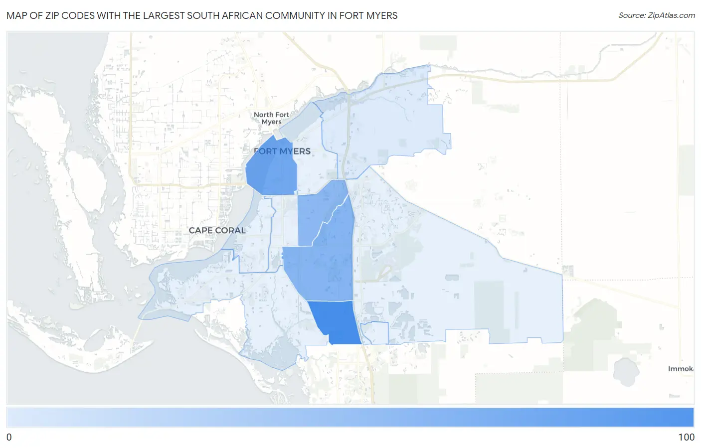 Zip Codes with the Largest South African Community in Fort Myers Map