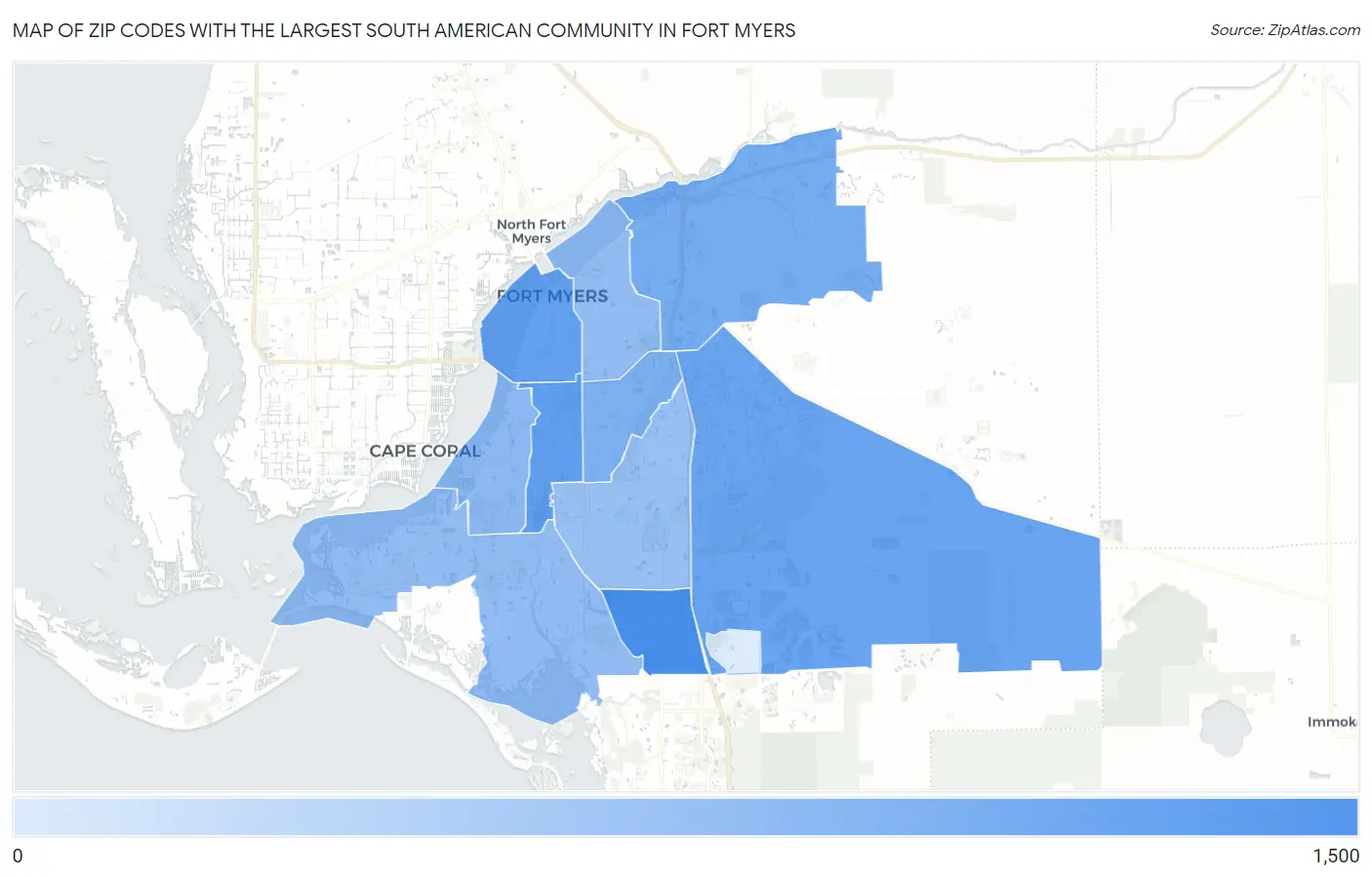 Zip Codes with the Largest South American Community in Fort Myers Map