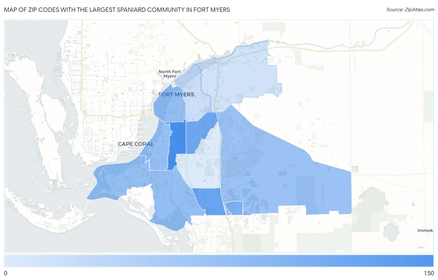 Zip Codes with the Largest Spaniard Community in Fort Myers Map