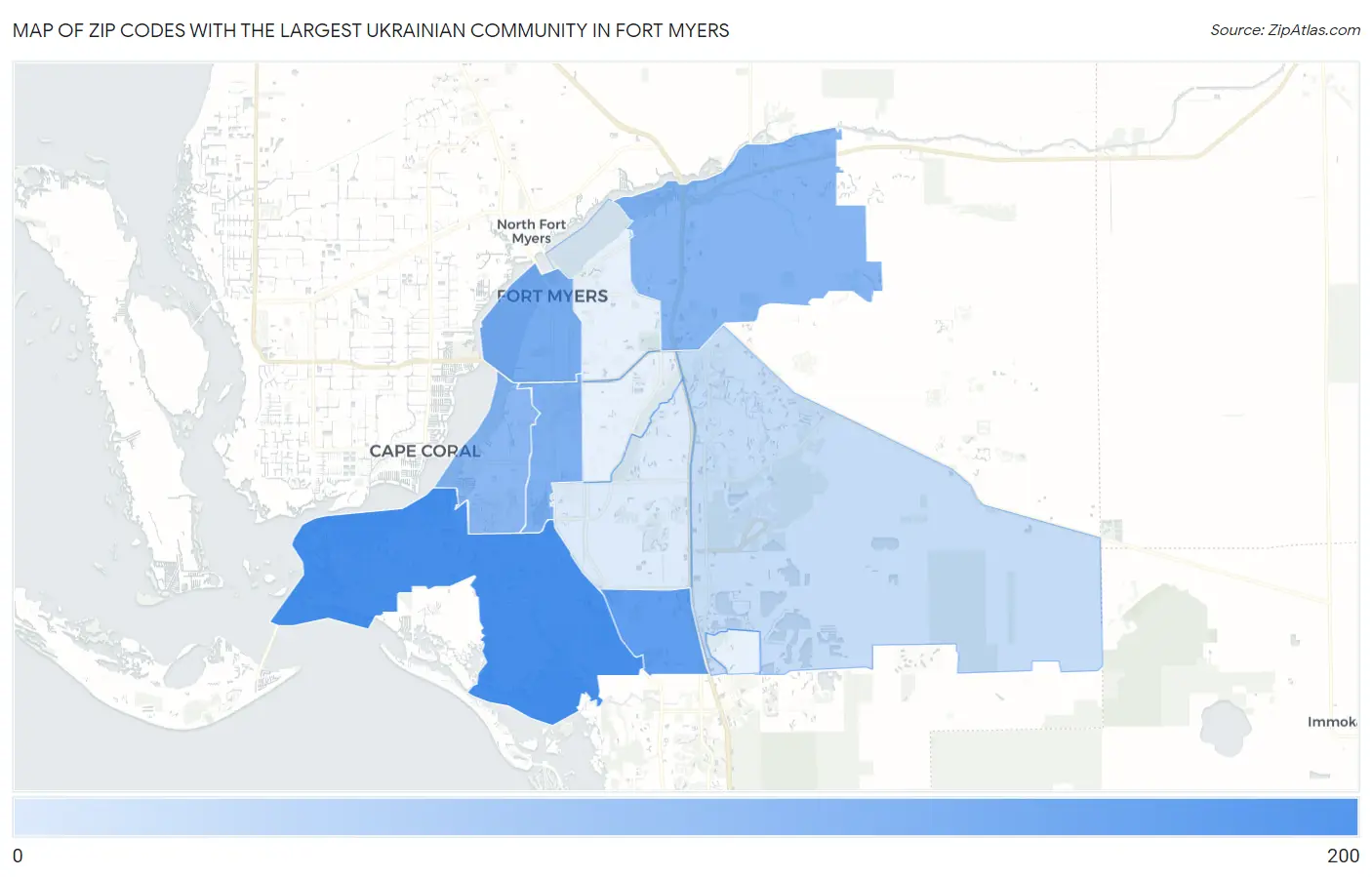 Zip Codes with the Largest Ukrainian Community in Fort Myers Map