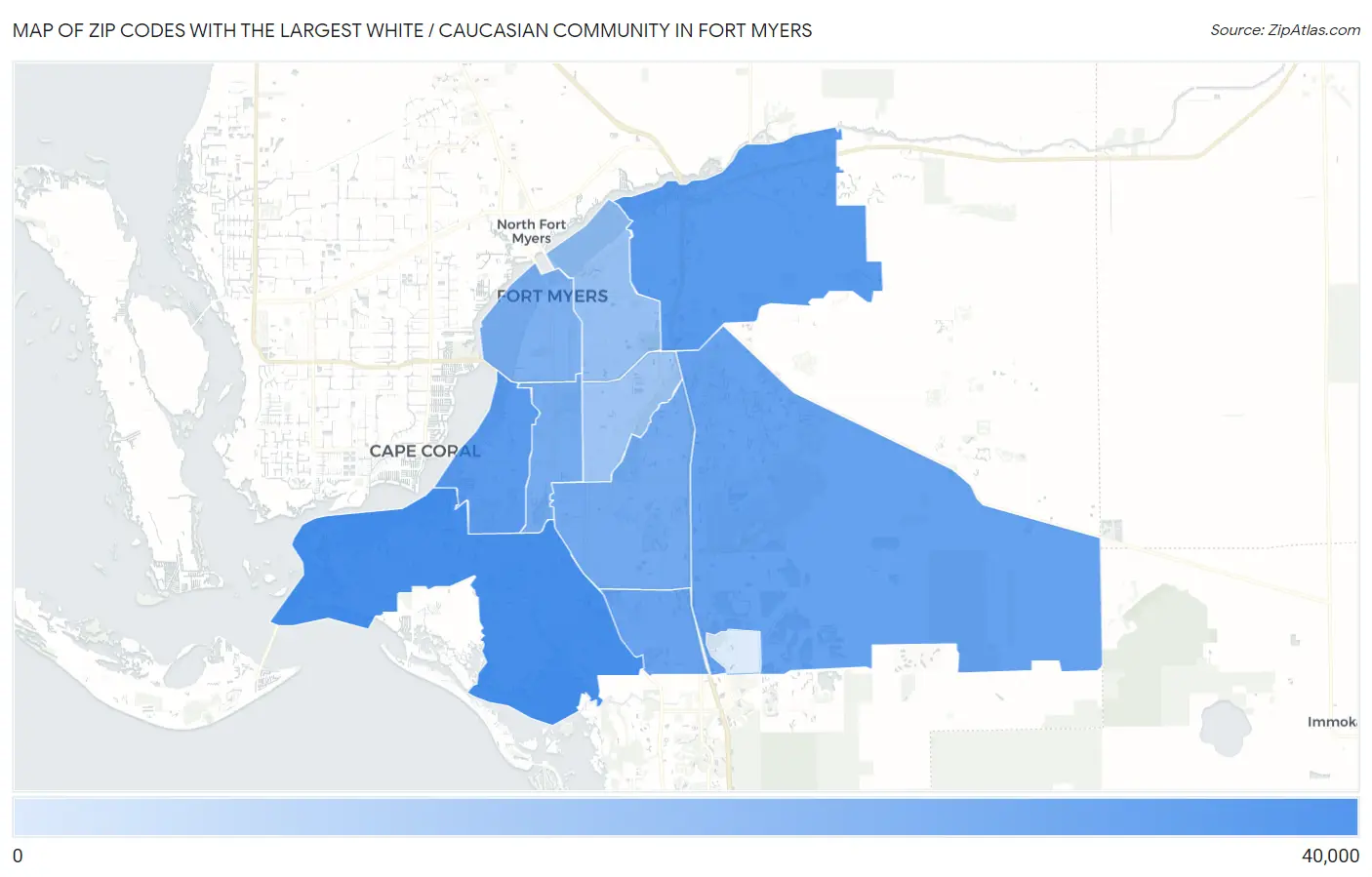 Zip Codes with the Largest White / Caucasian Community in Fort Myers Map