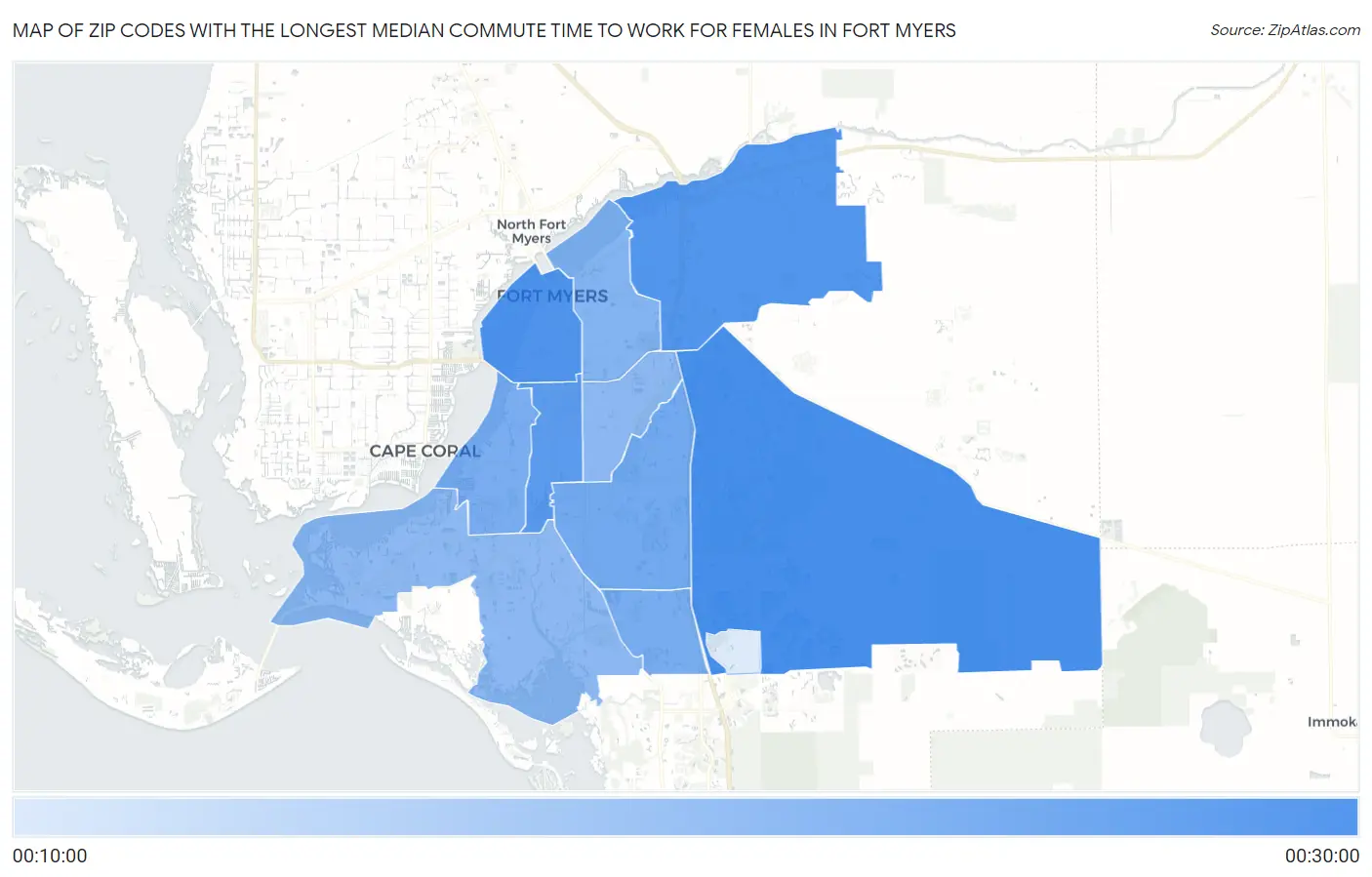 Zip Codes with the Longest Median Commute Time to Work for Females in Fort Myers Map