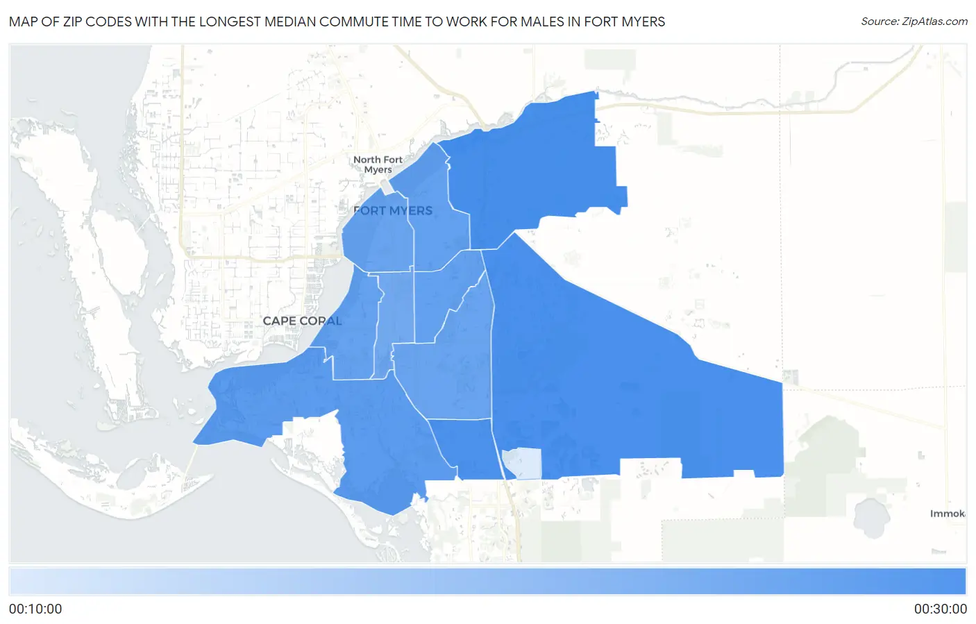 Zip Codes with the Longest Median Commute Time to Work for Males in Fort Myers Map