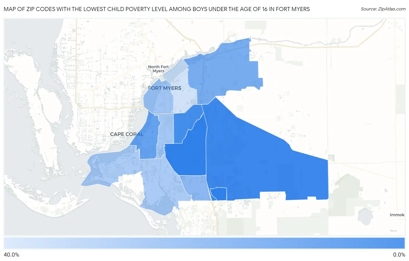 Zip Codes with the Lowest Child Poverty Level Among Boys Under the Age of 16 in Fort Myers Map