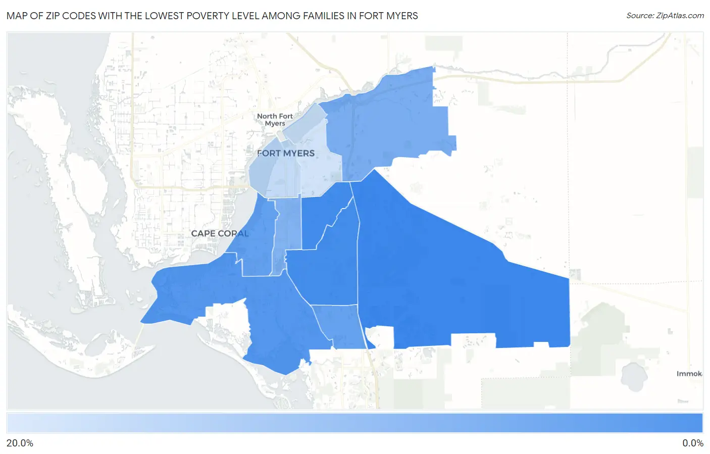 Zip Codes with the Lowest Poverty Level Among Families in Fort Myers Map