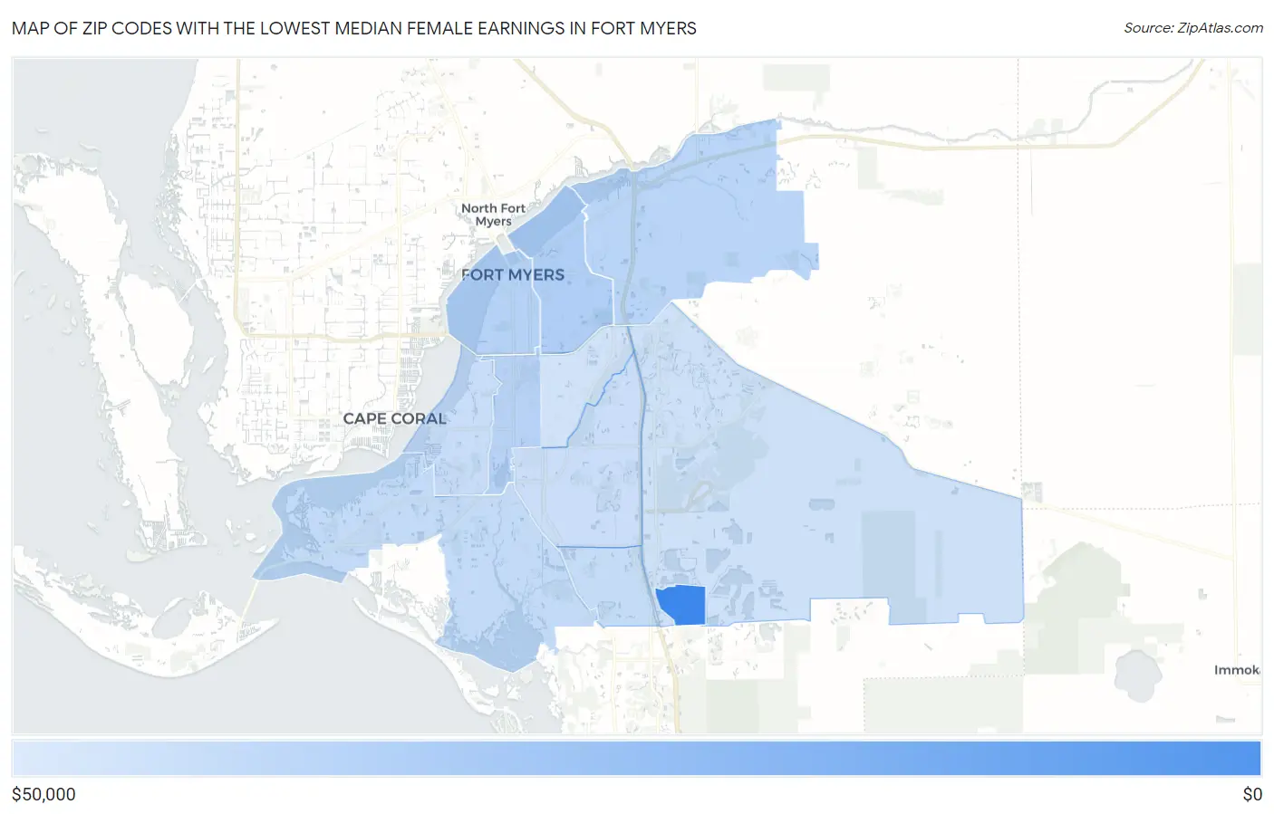 Zip Codes with the Lowest Median Female Earnings in Fort Myers Map