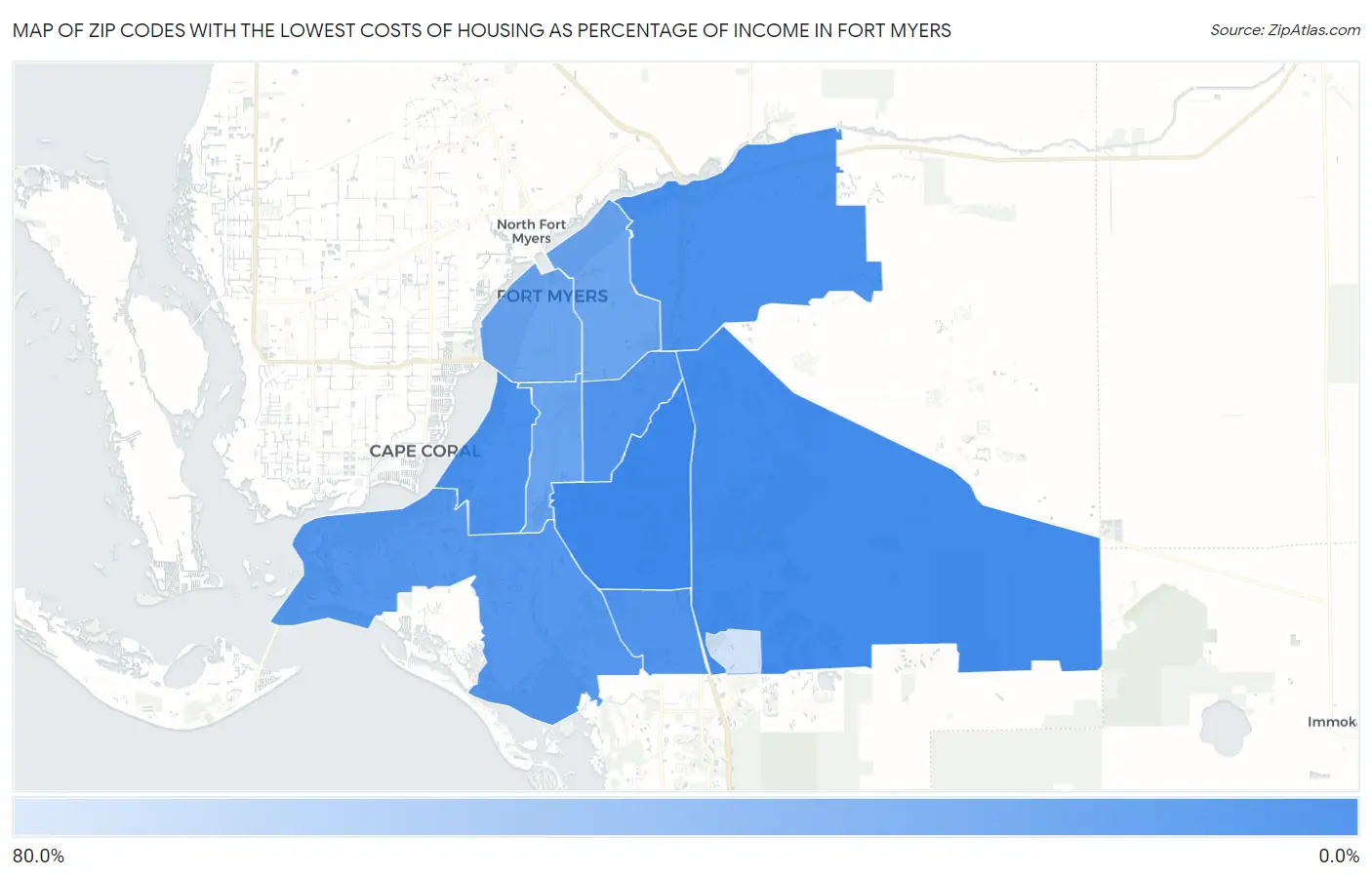 Zip Codes with the Lowest Costs of Housing as Percentage of Income in Fort Myers Map