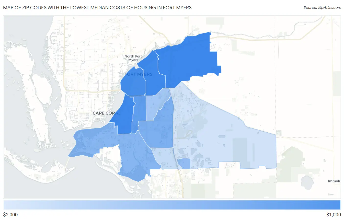 Zip Codes with the Lowest Median Costs of Housing in Fort Myers Map