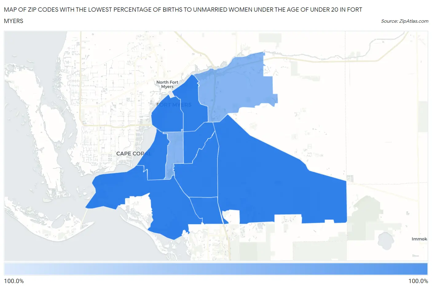 Zip Codes with the Lowest Percentage of Births to Unmarried Women under the Age of under 20 in Fort Myers Map