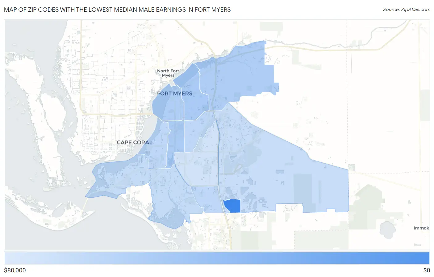 Zip Codes with the Lowest Median Male Earnings in Fort Myers Map