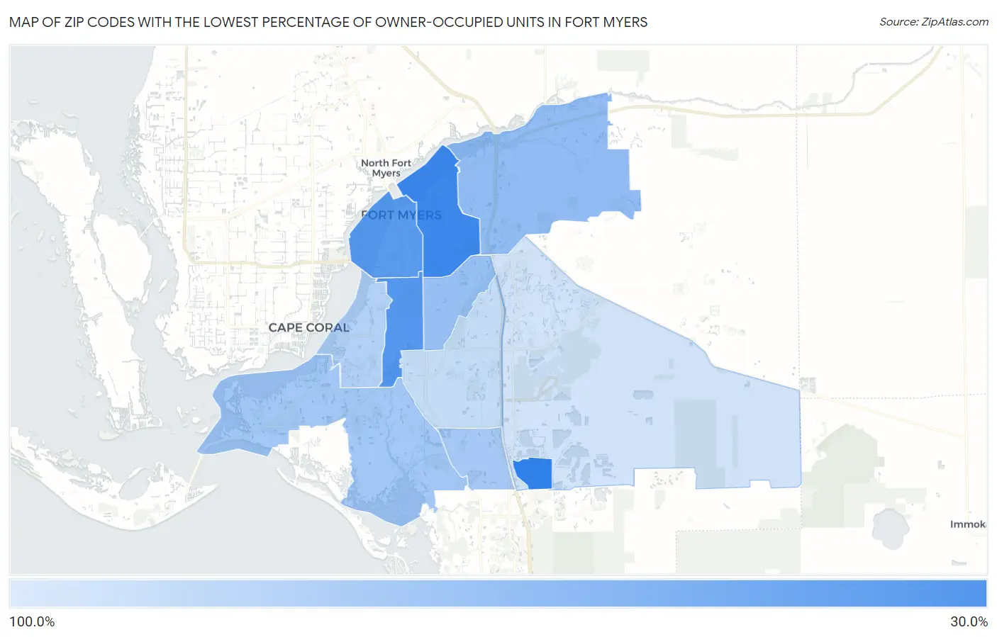 Zip Codes with the Lowest Percentage of Owner-Occupied Units in Fort Myers Map
