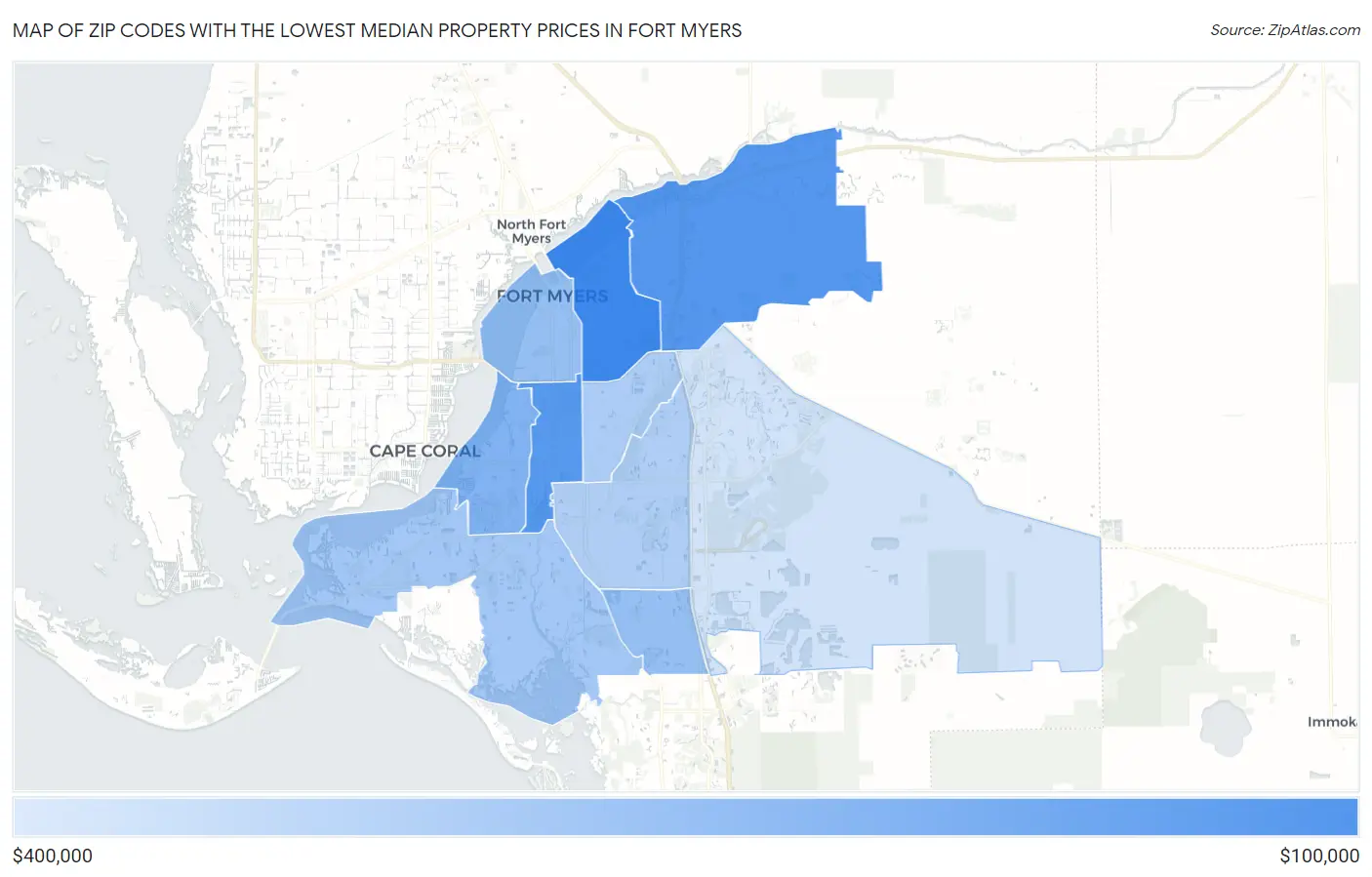 Zip Codes with the Lowest Median Property Prices in Fort Myers Map