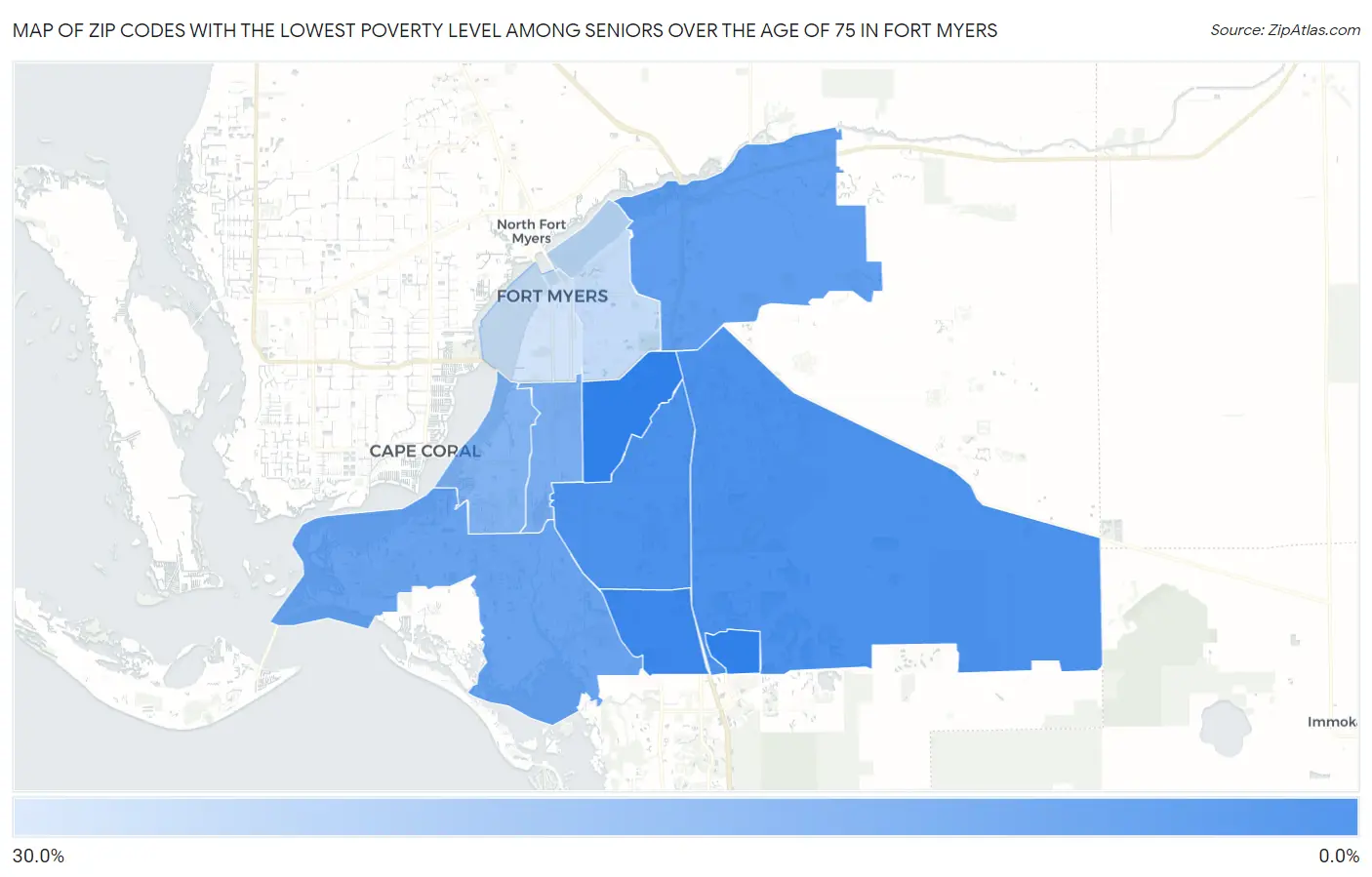 Zip Codes with the Lowest Poverty Level Among Seniors Over the Age of 75 in Fort Myers Map