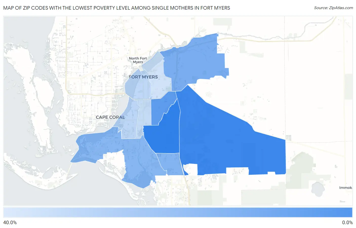 Zip Codes with the Lowest Poverty Level Among Single Mothers in Fort Myers Map