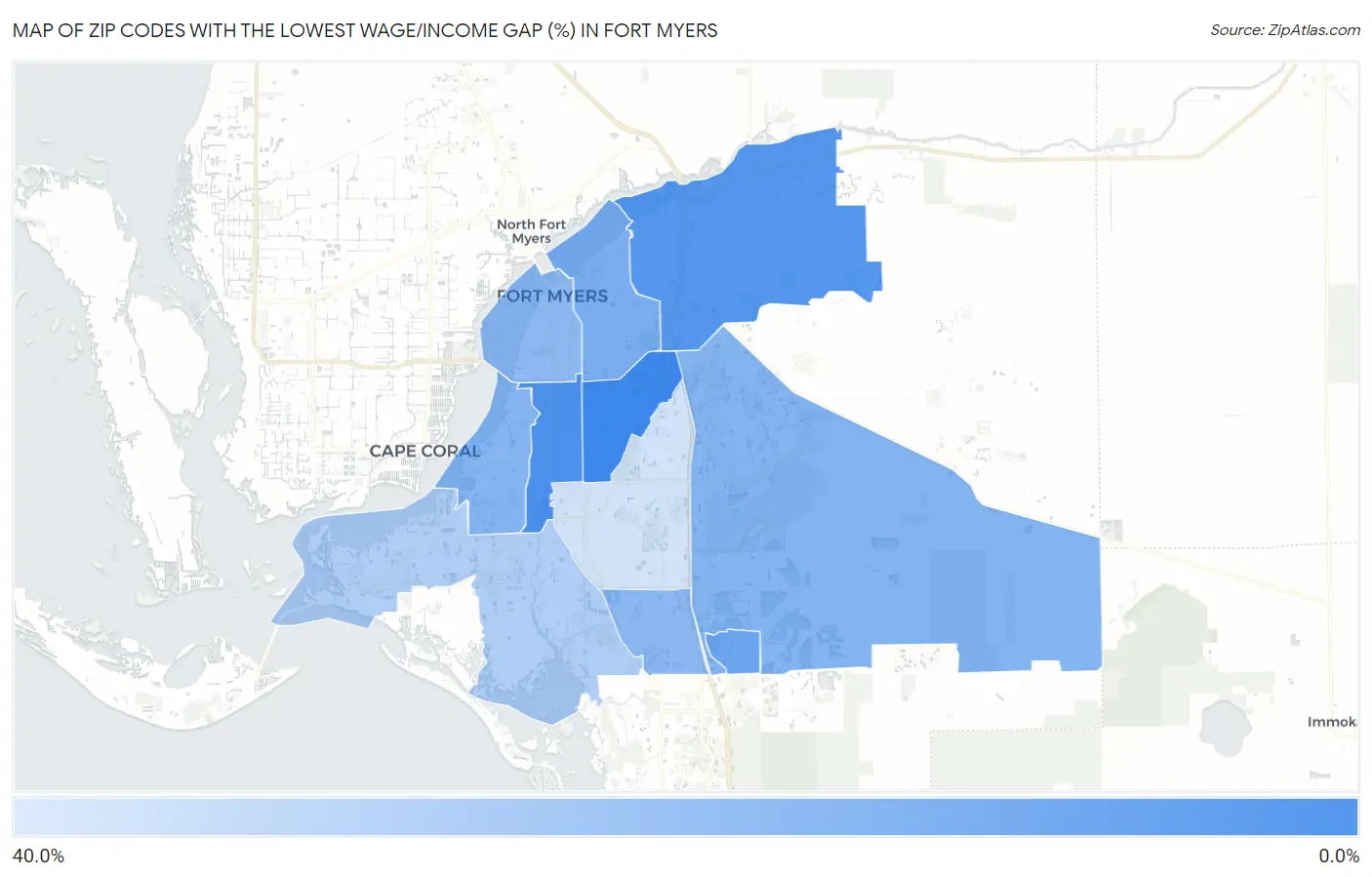 Zip Codes with the Lowest Wage/Income Gap (%) in Fort Myers Map