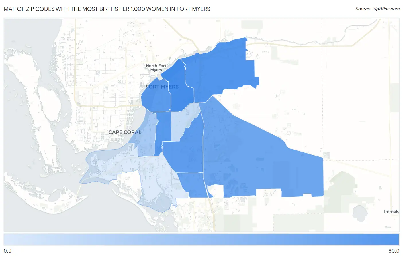 Zip Codes with the Most Births per 1,000 Women in Fort Myers Map