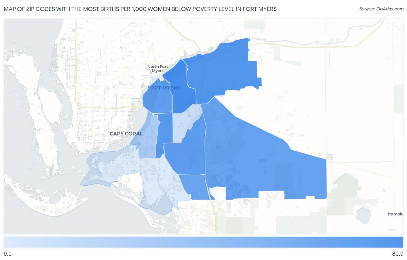Zip Codes with the Most Births per 1,000 Women Below Poverty Level in Fort Myers Map