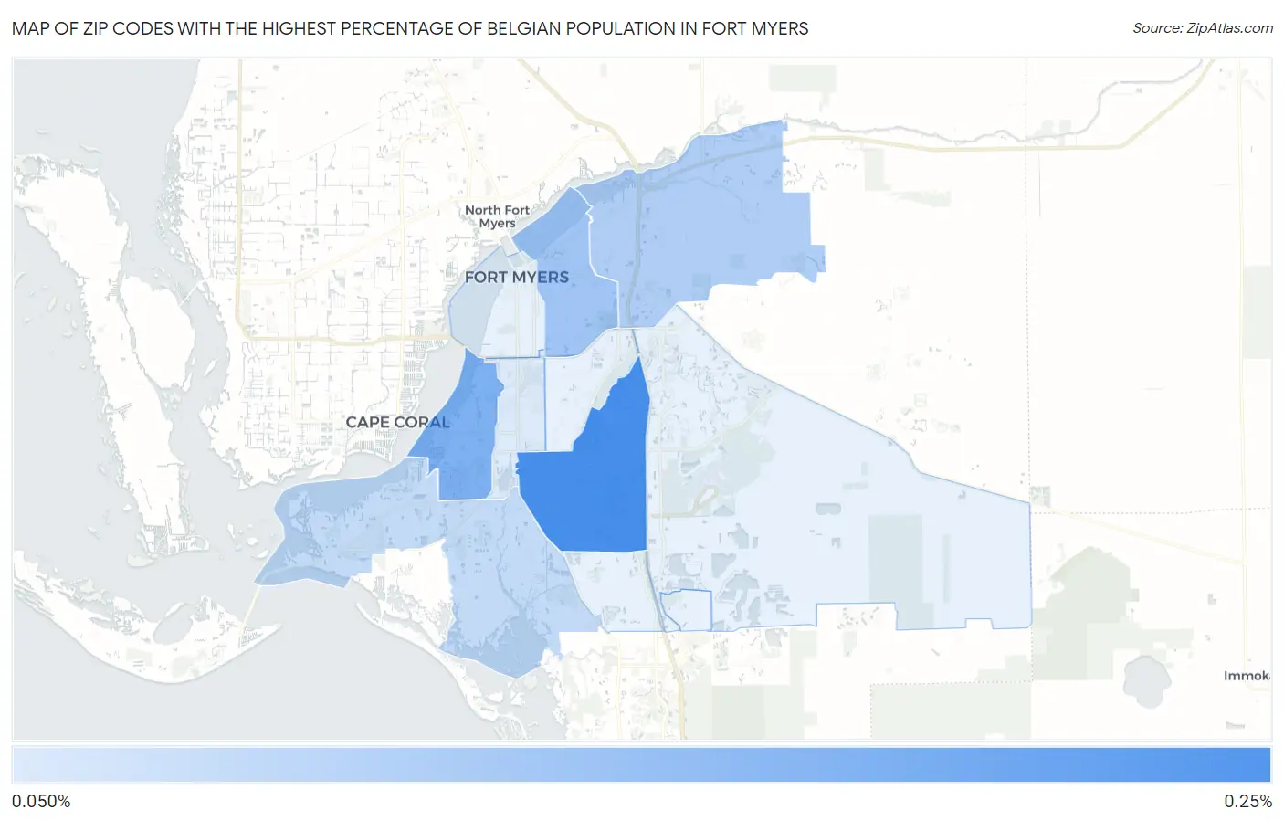 Zip Codes with the Highest Percentage of Belgian Population in Fort Myers Map